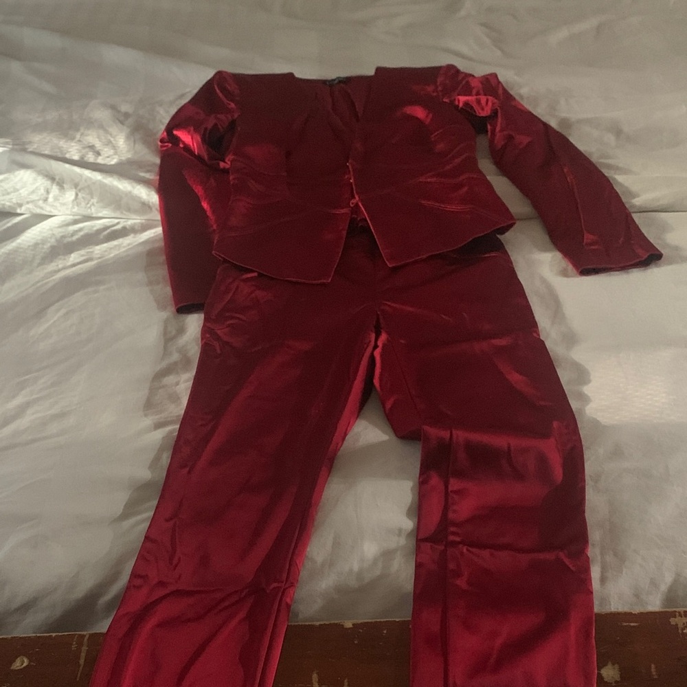 bebe Red Satin Pantsuit with Tailored Jacket